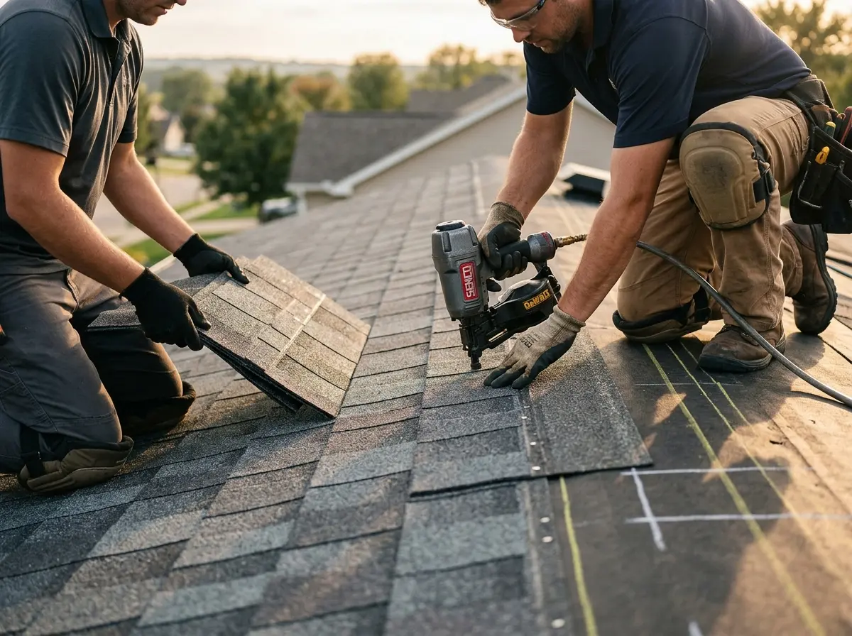 Professional roofer working on a residential roof in Blytheville